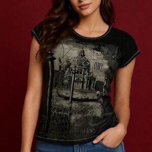 Vtg BLUE CANYON Y2k Black Venice Italy Embellished Baddie Graphic Tee